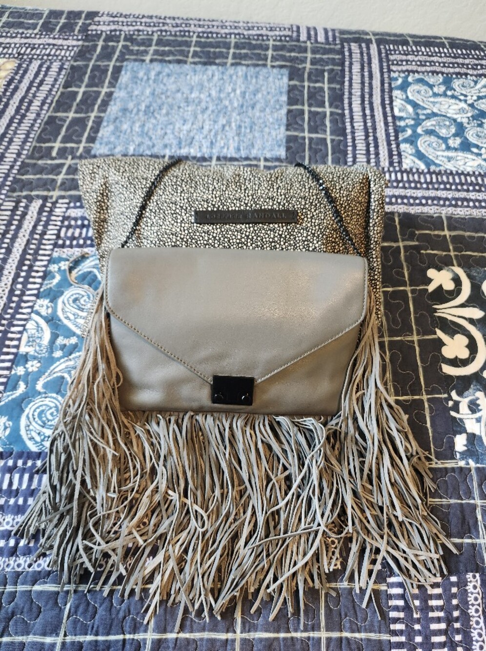 Loeffler Randall Fringe Accent Gray Crossbody Bag